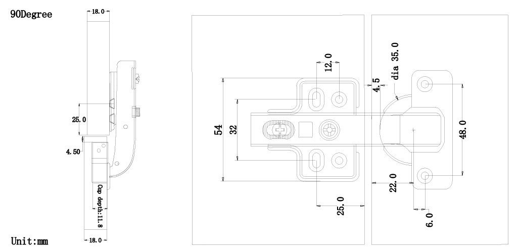 90° Degree Cabinet Hinge Tech Drawing