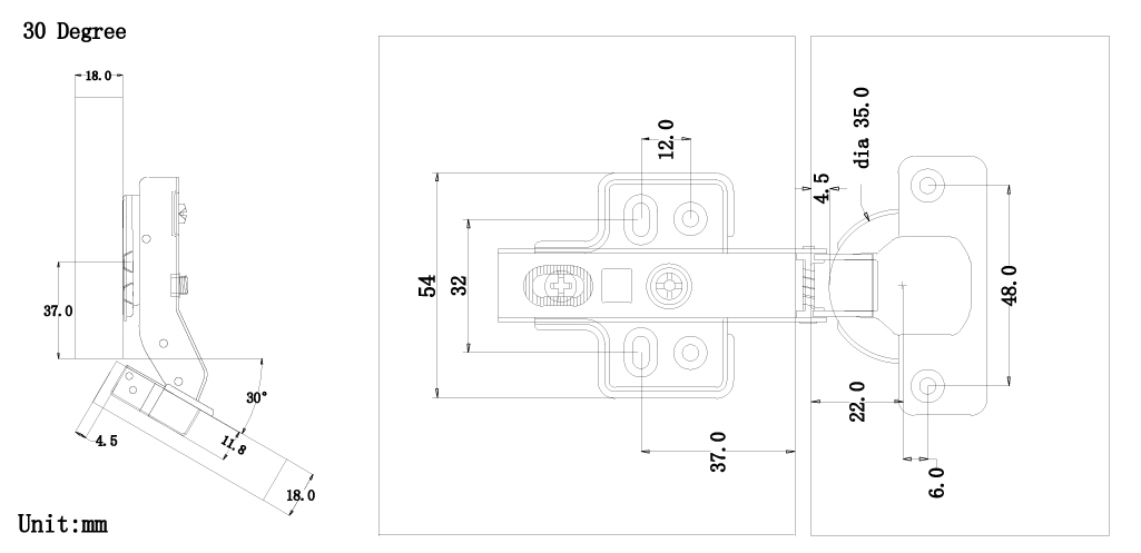 30° Degree Cabinet Hinge Tech Drawing
